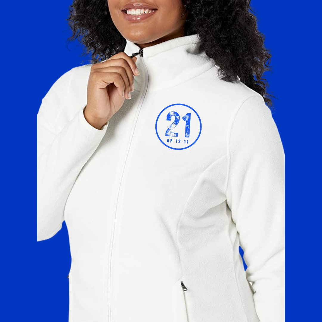 Pull blanc zippé « les 21 », logo bleu — taille L